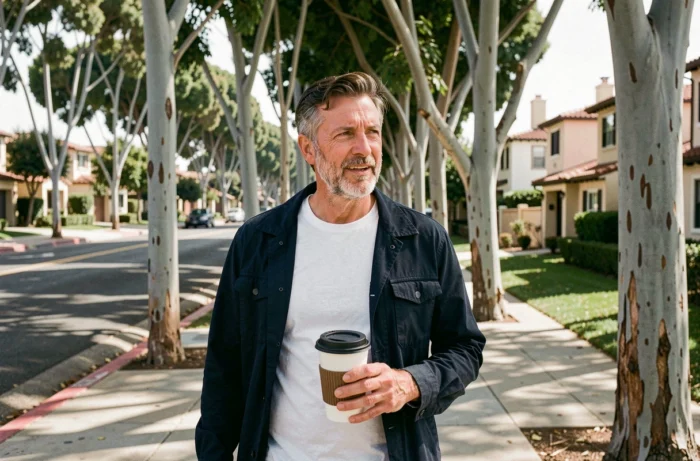 Acteur hollywoodien discret marchant dans une rue tranquille de Los Angeles, ambiance vie privée loin des projecteurs