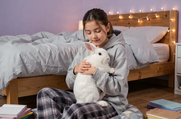 Adolescente serrant tendrement un lapin blanc dans sa chambre, illustrant les bienfaits émotionnels des animaux de compagnie