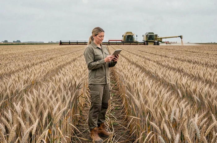 Agricultrice professionnelle consultant des données numériques au milieu d'un grand champ de blé avec des machines agricoles en arrière-plan