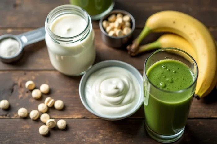 Aliments probiotiques et suppléments de créatine disposés sur une table en bois rustique