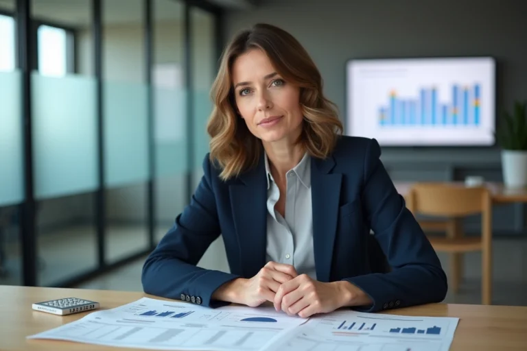 Femme comptable analysant des marges financières sur des feuilles de calcul dans un bureau moderne