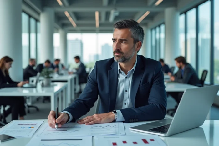 Analyste financier examinant des graphiques boursiers sur un bureau dans un bureau d'affaires moderne, symbolisant l'investissement en actions Vivendi