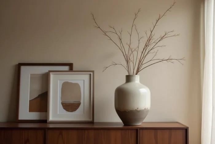 Vase céramique artisanal en forme irrégulière avec glaçure mate cendreuse posé comme pièce signature sur un buffet en noyer dans un salon raffiné