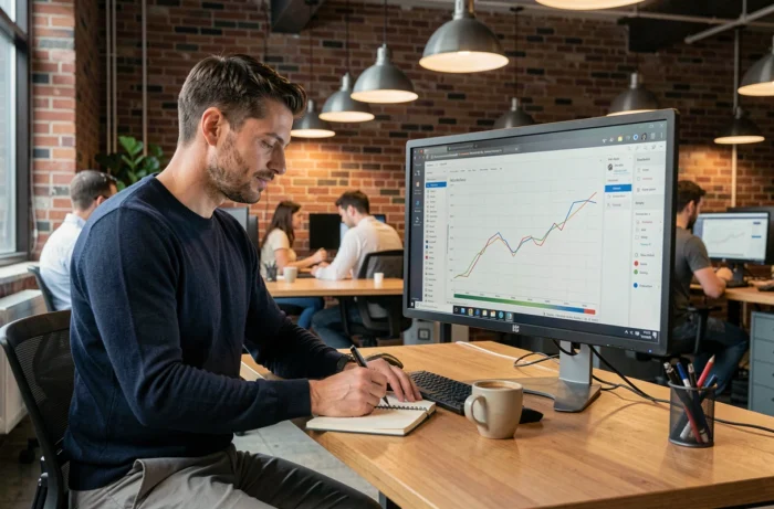 Jeune auto-entrepreneur du web analysant des données dans un espace de coworking moderne