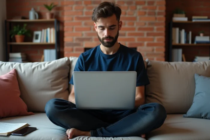 Jeune homme auto-entrepreneur gérant sa comptabilité sur ordinateur portable dans son appartement moderne
