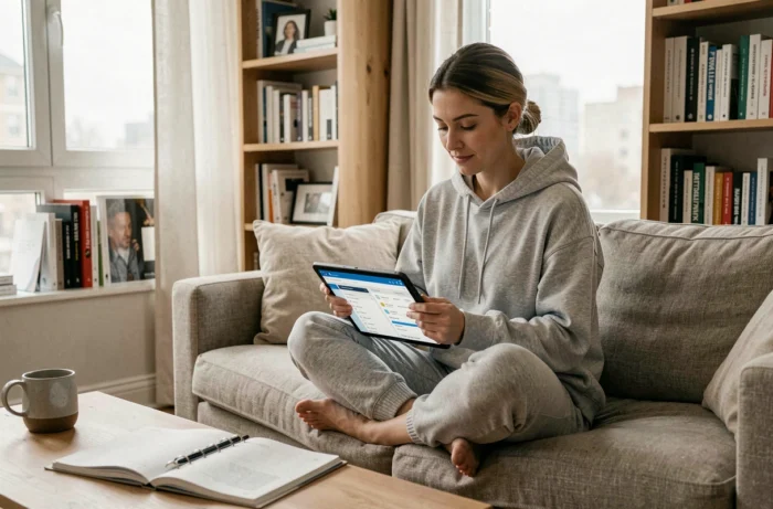 Femme auto-entrepreneuse du web gérant ses projets freelance sur tablette depuis son salon