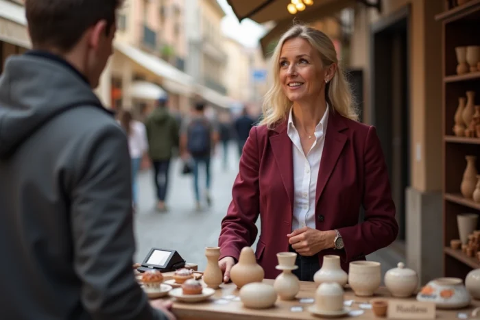 Auto-entrepreneuse vendant ses créations artisanales sur un marché en plein air, illustration du statut indépendant