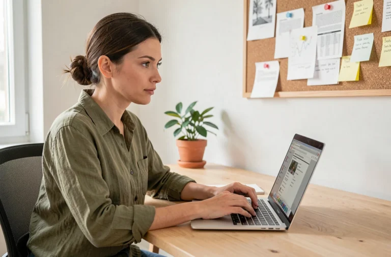 Auto-entrepreneuse web travaillant sur son ordinateur portable dans un bureau à domicile minimaliste en 2024