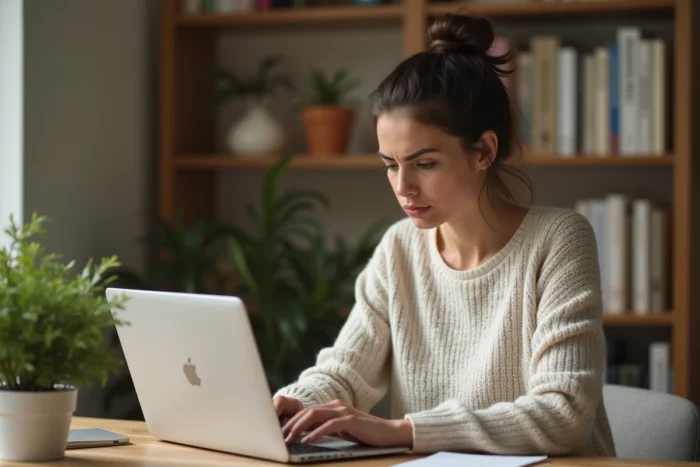 Femme consultant des avis clients sur un site de mode en ligne depuis son bureau à domicile