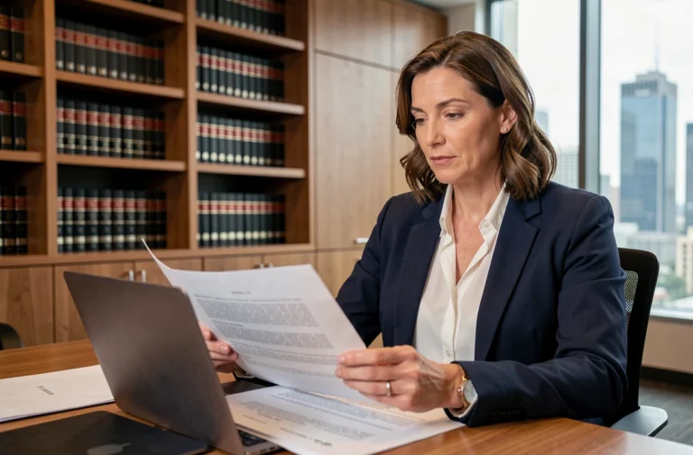 Avocate d'entreprise analysant des documents juridiques dans un cabinet modern en 2024