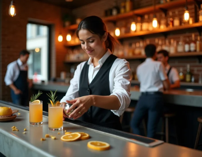 Barmaid préparant un cocktail artisanal dans un bar urbain contemporain avec comptoir en béton et décor en briques apparentes