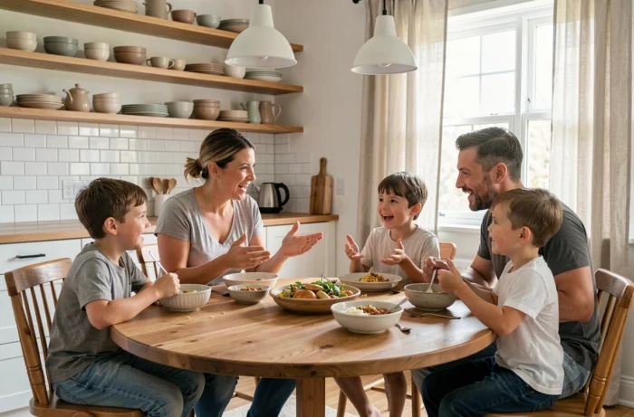 Famille réunie autour d'un repas partagé dans une cuisine lumineuse, parents attentifs écoutant leur jeune enfant s'exprimer librement