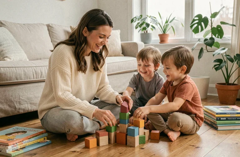 Mère et deux enfants jouant ensemble sur le sol du salon avec des blocs en bois colorés, ambiance familiale chaleureuse et bienveillante
