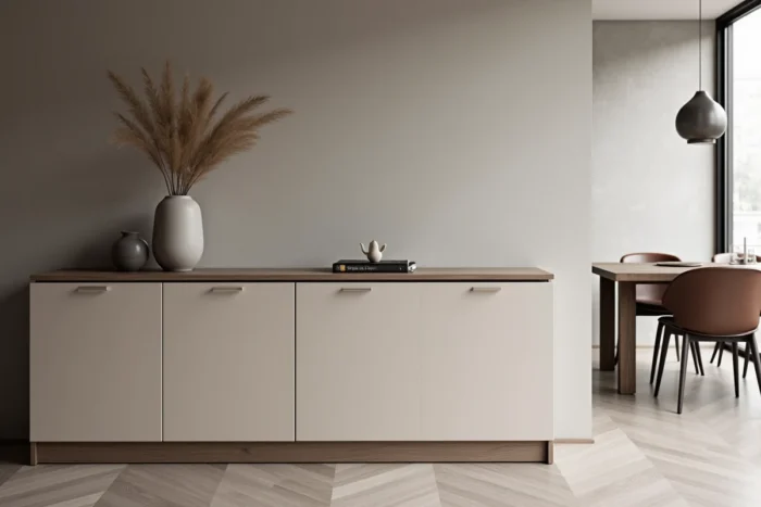 Buffet de salon à rangement invisible avec façades laquées greige et poignées dissimulées dans une pièce au mur effet béton