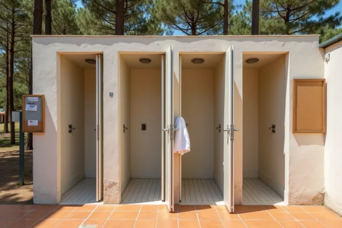 Rangée de cabines de douches municipales gratuites dans un camping public du sud de la France