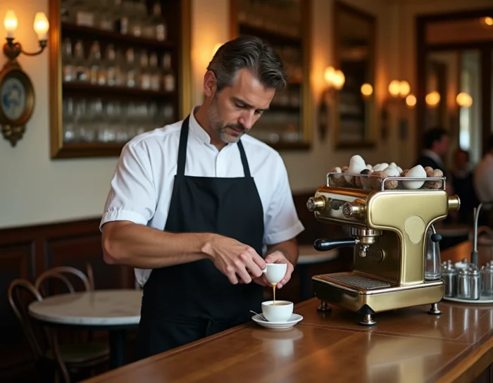 Barista versant un expresso dans un café parisien classique avec comptoir en bois et machine à café vintage en laiton