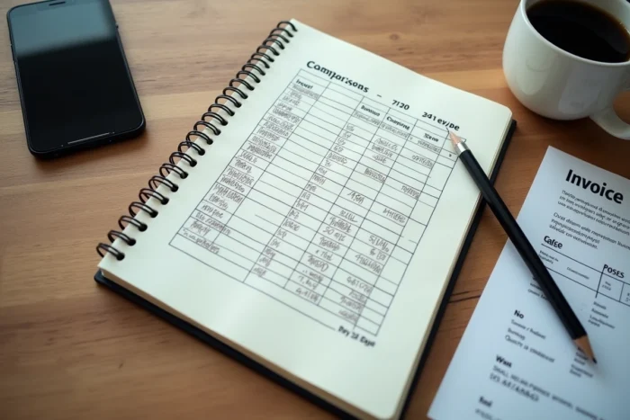 Vue de dessus d'un bureau avec cahier de calcul de marges, facture et café pour un chef d'entreprise