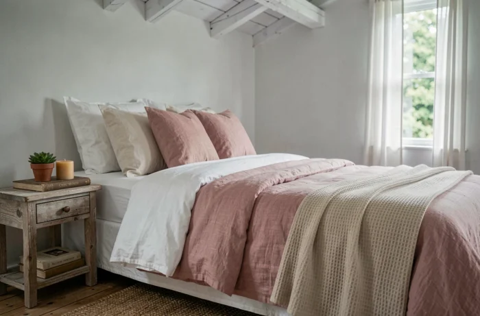 Chambre douillette avec literie en lin lavé, chevets en bois brut et ambiance apaisante et naturelle