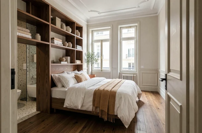 Chambre principale rénovée par SIA Architecture avec tête de lit en noyer, literie en lin et bibliothèque intégrée sur mesure