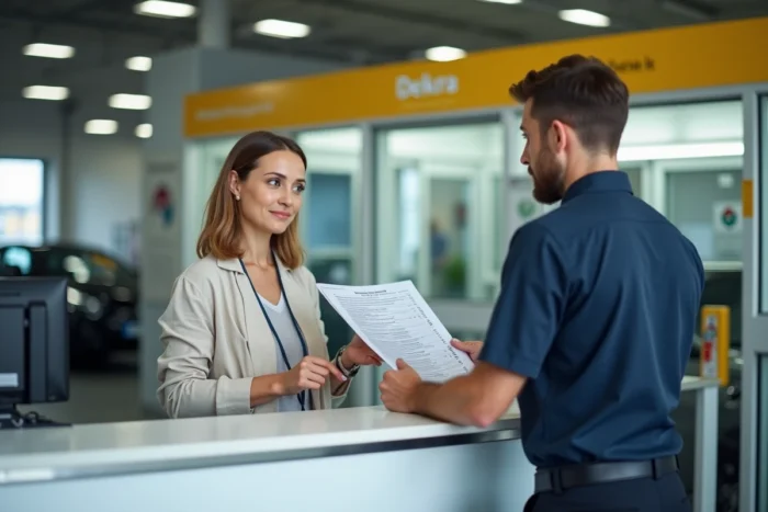 Cliente consultant le rapport de contrôle technique Dekra avec un conseiller à l'accueil du centre