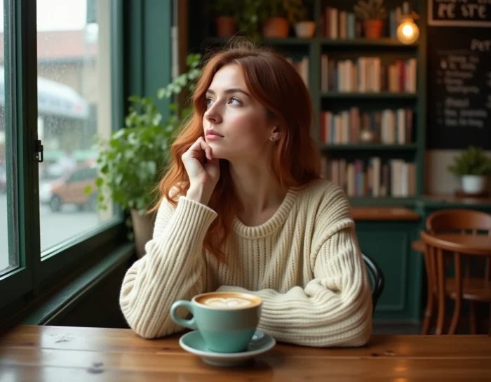 Jeune femme savourant un café latte dans un coffee shop indépendant cosy avec décor vintage et plantes en pot