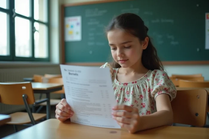 Lycéenne lisant ses résultats au brevet dans une salle de classe du collège normand