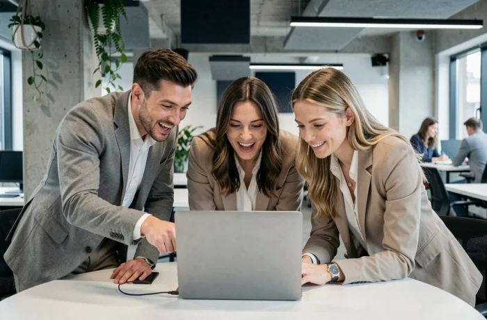 Équipe de collègues discutant d'une nouvelle tendance virale sur les réseaux sociaux autour d'un ordinateur portable au bureau
