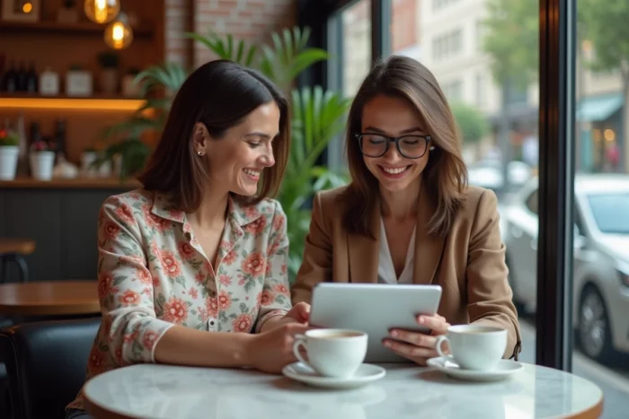 Deux femmes comparant des avis sur un site de vêtements en ligne depuis une tablette dans un café