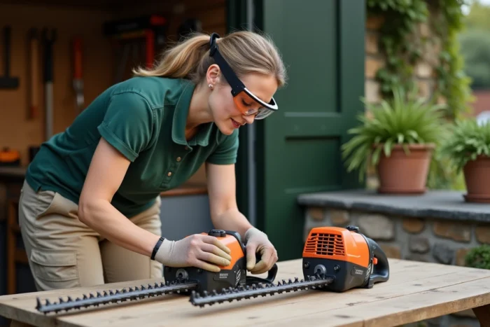 Femme comparant deux modèles de débroussailleuses posées sur une table en bois dans un atelier de jardin