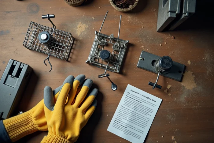 Comparaison de différents modèles de pièges à fouine posés sur un établi de bricolage