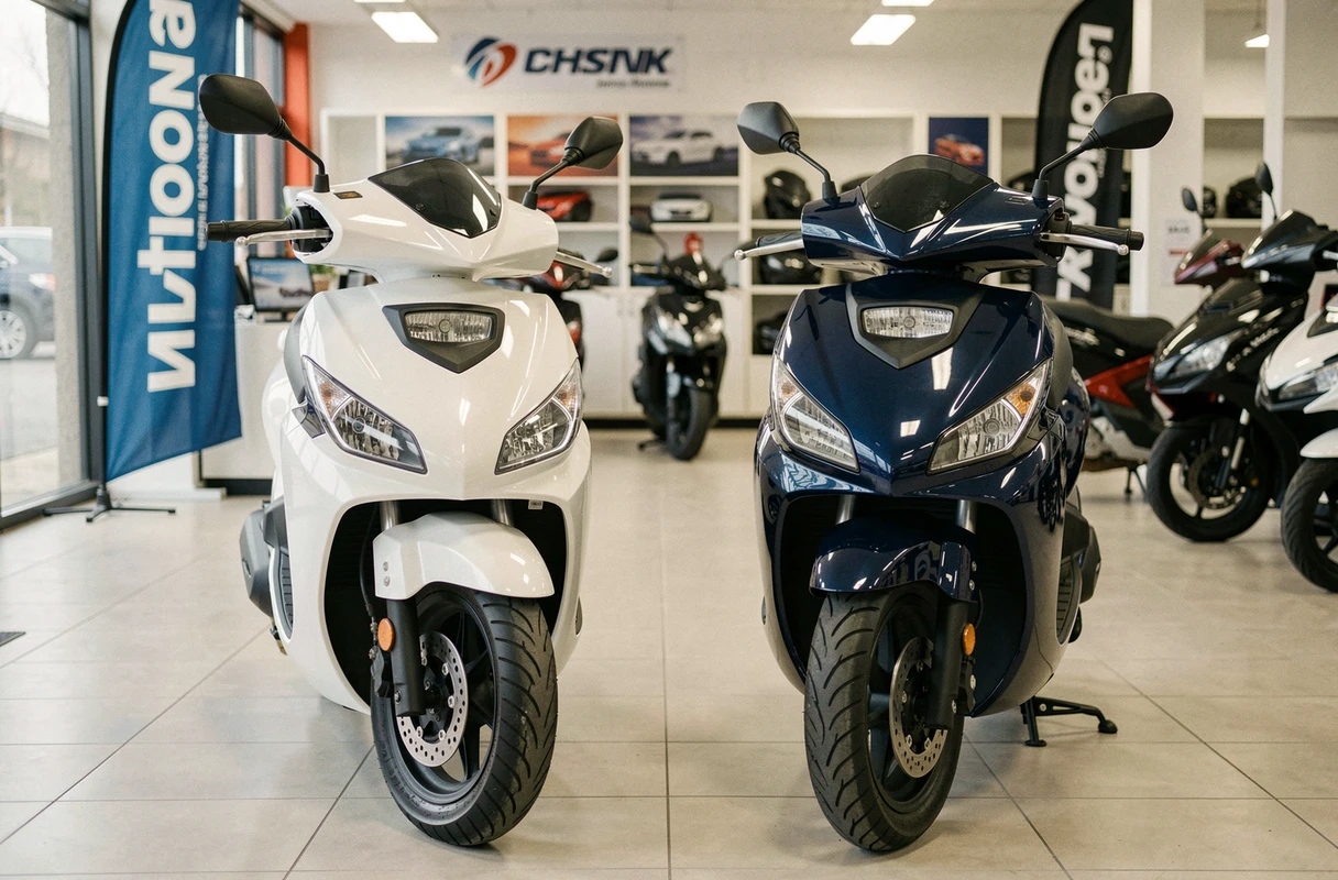 Deux maxi scooters 400 cm3 côte à côte dans un showroom de concessionnaire pour un comparatif 2024