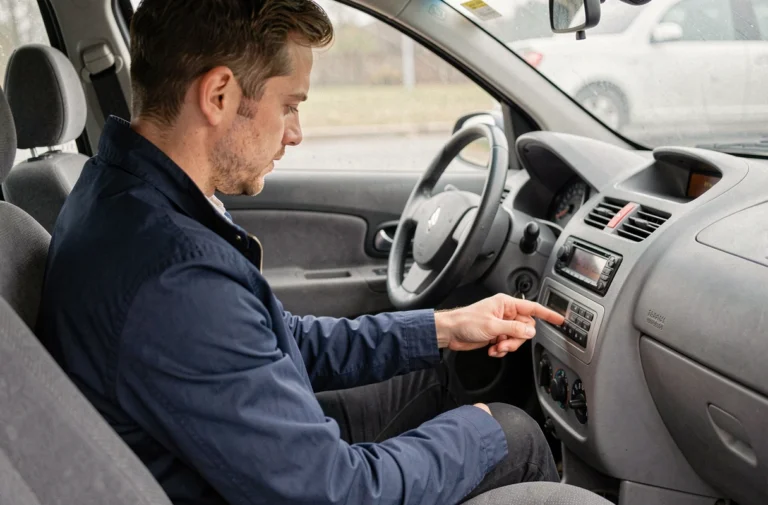Homme connectant le Bluetooth sur l'autoradio d'une Renault Clio 3 depuis le siège conducteur