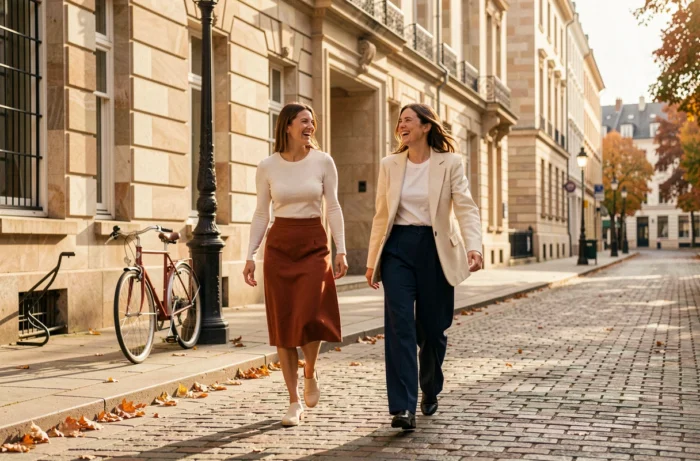 Deux femmes élégantes marchant et riant dans une rue urbaine européenne, portant des tenues mode tendance aux couleurs automnales contrastées