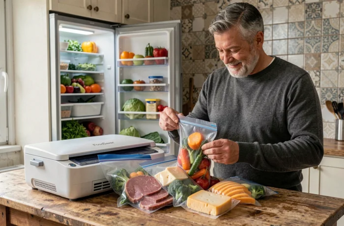 Homme inspectant des aliments emballés sous vide avec la FoodSaver FFS005X sur une table en bois rustique