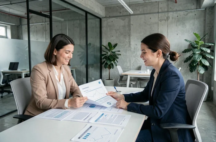 Réunion entre une entrepreneuse et une experte-comptable autour d'un bilan financier en espace de coworking