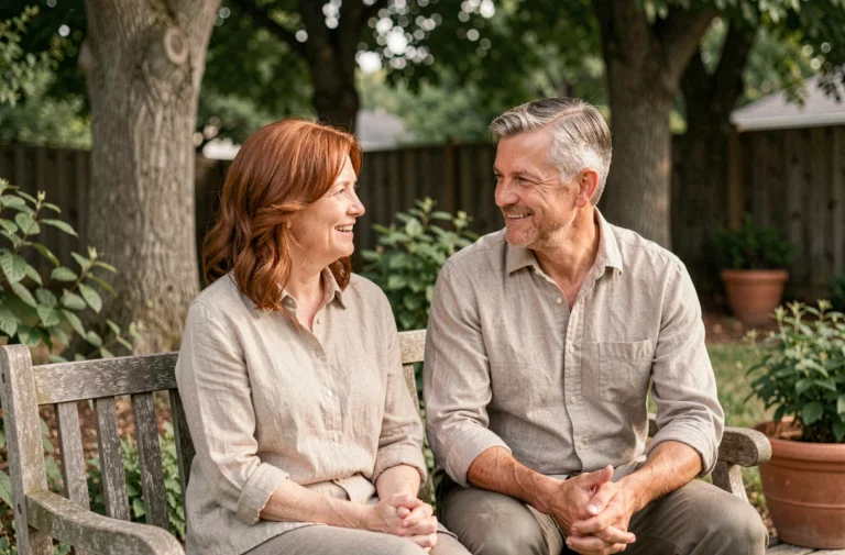 Couple discret d'Hollywood assis dans un jardin privé, évoquant la vie tranquille d'Alexis Knief et Timothy Olyphant