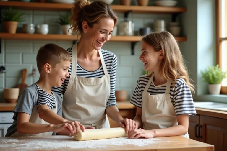 Mère et adolescents préparant ensemble une recette dans une cuisine familiale chaleureuse