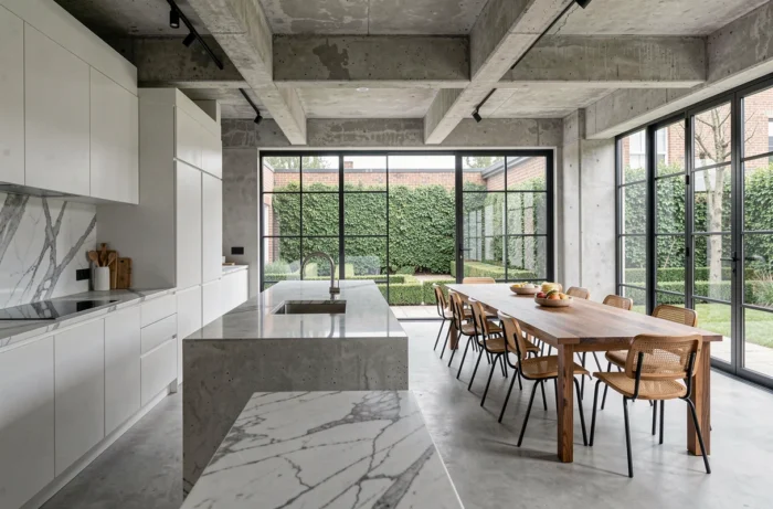 Cuisine et salle à manger haut de gamme conçues par SIA Architecture avec plan de travail en marbre Calacatta et table en chêne fumé