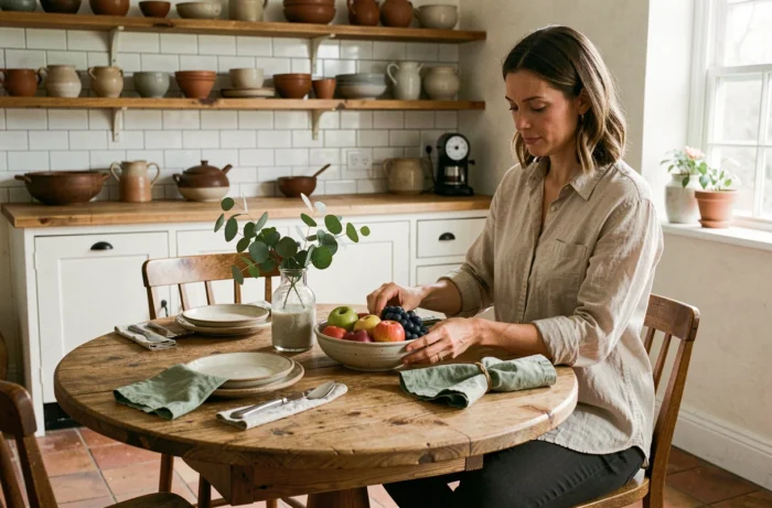 Femme arrangeant une table en chêne dans une cuisine campagne chaleureuse avec vaisselle artisanale