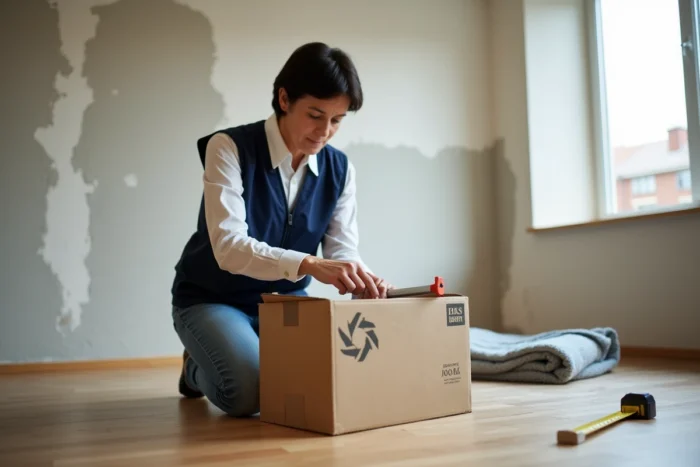 Femme déballant un kit d'outils de bricolage dans un salon en cours de rénovation
