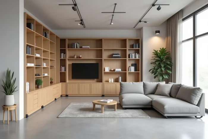 Espace de vie modulable avec étagères sur roulettes et canapé reconfigurable définissant plusieurs zones dans un salon en open space