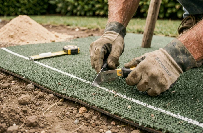Découpe précise au cutter d'un rouleau de gazon synthétique posé sur la terre lors de l'installation dans un jardin