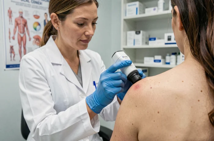 Dermatologue examinant une lésion cutanée suspecte dans le dos d'un patient avec un dermatoscope en cabinet médical