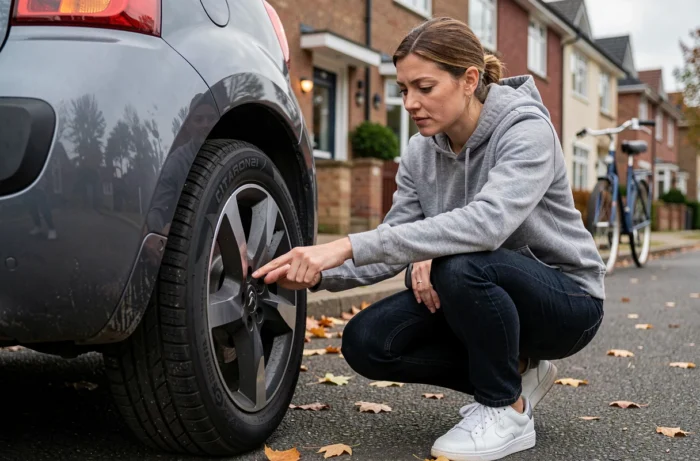 Femme lisant les dimensions de pneus inscrites sur le flanc d'un pneu de Citroën C2 dans une rue résidentielle