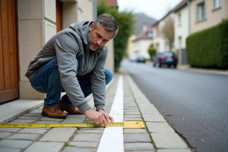 Propriétaire mesurant la distance réglementaire à respecter devant une sortie de garage en zone résidentielle