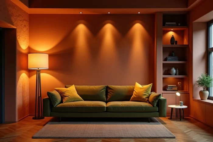 Salon avec éclairage en couches superposant lampadaire, spots encastrés et lampe de table sur fond de mur terracotta et parquet à chevrons