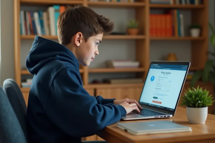 Élève de collège connecté à Pronote sur un ordinateur portable depuis son bureau à domicile