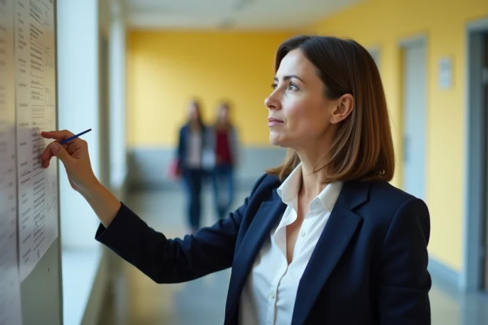 Enseignante affichant les résultats du brevet dans le couloir du collège Georges Braque à Dieppe