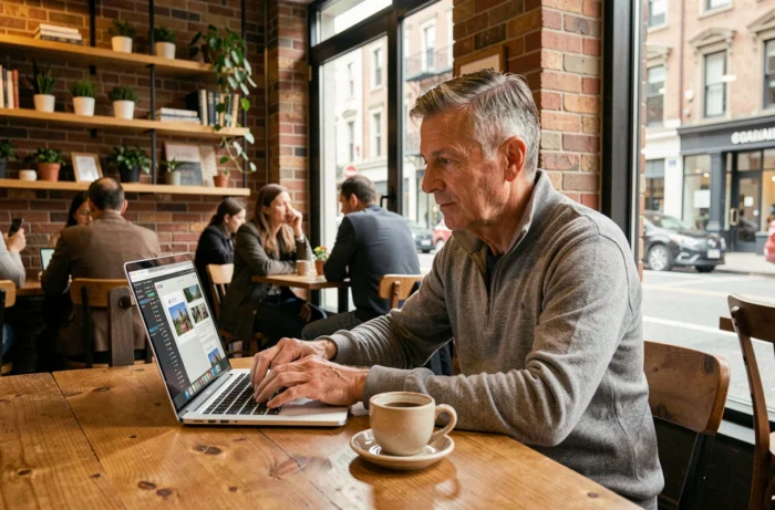 Entrepreneur indépendant développant un site web responsive dans un café moderne pour renforcer sa visibilité en ligne