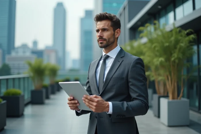 Chef d'entreprise confiant consultant un tableau de bord analytique sur tablette sur une terrasse en toit avec vue sur la ville